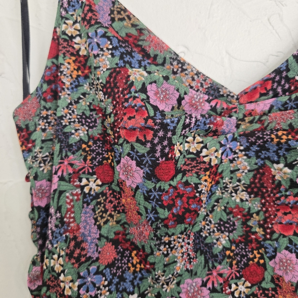 Lulu's Floral Mesh Ruched Green Pink Dress, M - Picture 5 of 14